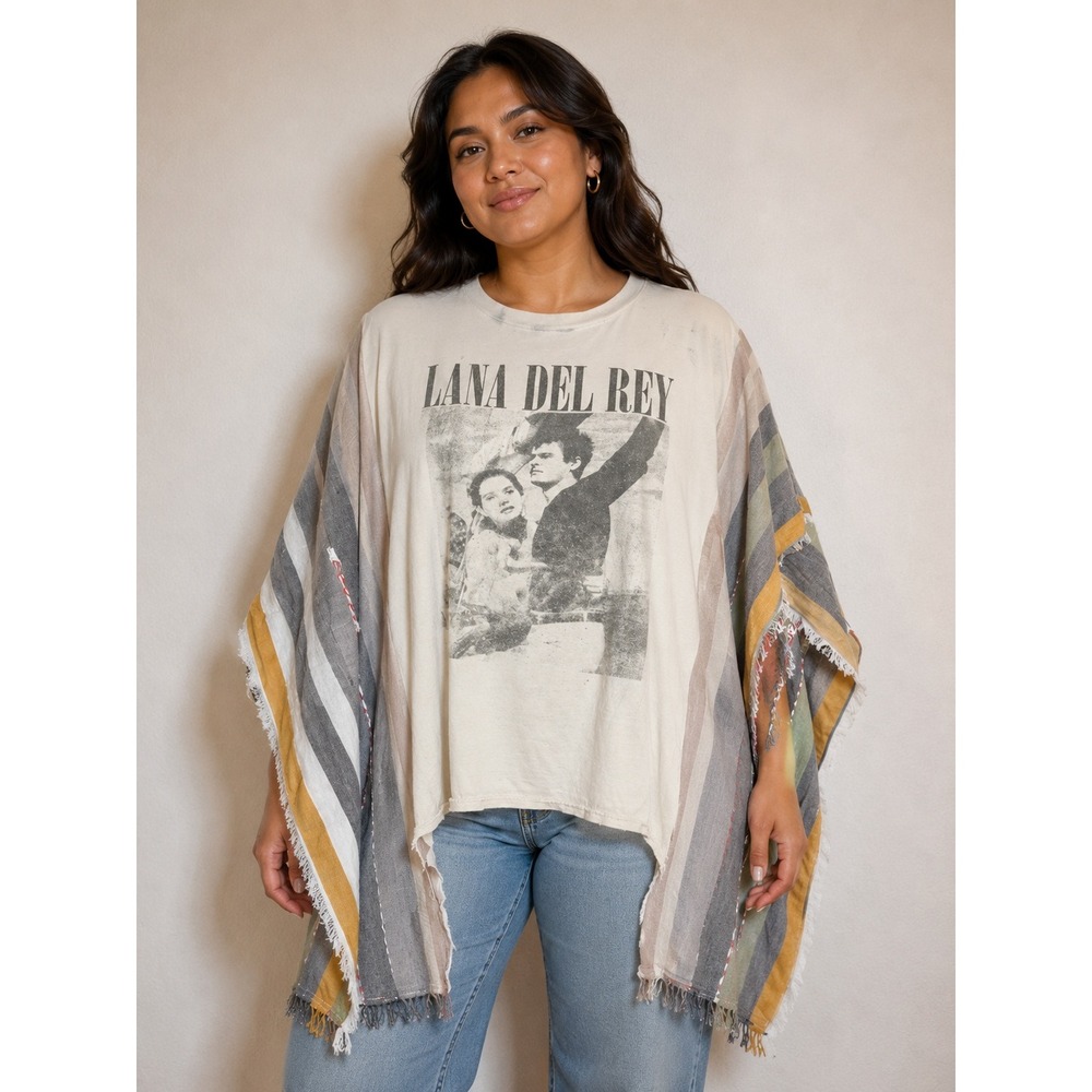 Upcycled Lana Del Rey NFR Graphic T-Shirt Boho Cream Striped sleeve OOAK LDR